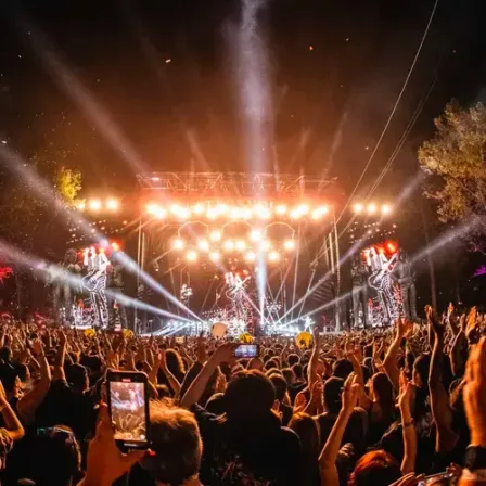 A festival crowd with hands in the air in front of a lit main stage at night