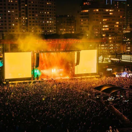 A festival main stage lit up at night above a packed field of fans