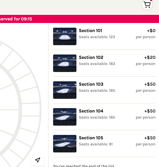 Booking flow listing sections 101 to 105, each with the seats still available and a per-person price difference from plus $0 to plus $50, under a countdown holding the basket.